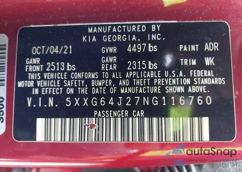 2022 Kia K5 Gt-Line z USA, uszkodzony, nr VIN 5XXG64J27NG116760